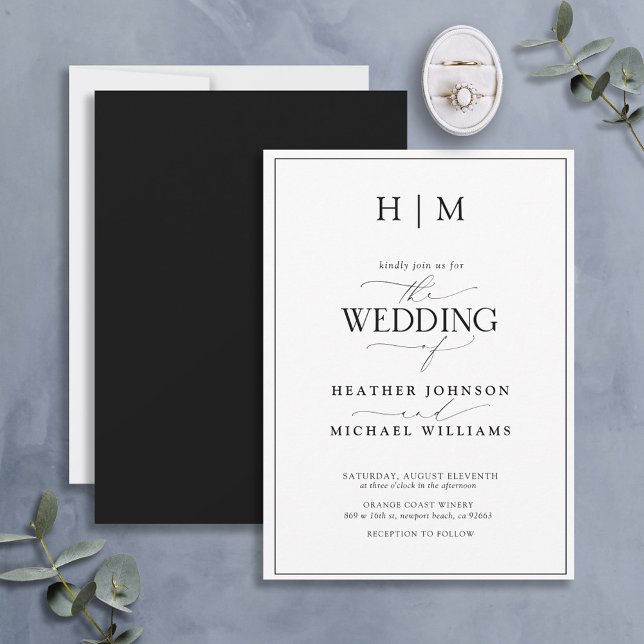 Invitación Boda de caligrafía de monograma blanco negro forma (Subido por el creador)