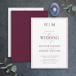Invitación Boda de caligrafía de monograma formal de borgoña<br><div class="desc">¿Buscas una invitación de boda moderna, formal y elegante? No busque más y venga a nuestra Elegante Invitación formal de Boda en Monograma de Borgoña. Esta hermosa invitación presenta su monograma personalizado en burdeos y sus detalles personales acentuados con caligrafía escrita a mano moderna. La parte posterior de la tarjeta...</div>