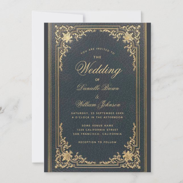 Invitación Boda de caligrafía de oro azul elegante (Anverso)