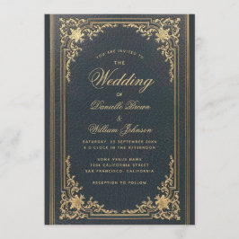 Invitación Boda de caligrafía de oro azul elegante