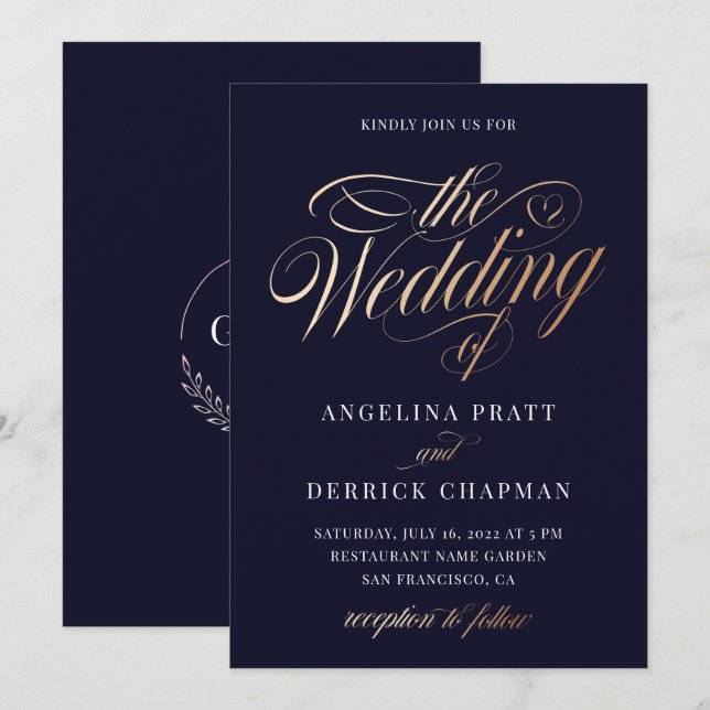Invitación Boda de caligrafía de oro azul profundo del degrad (Anverso / Reverso)