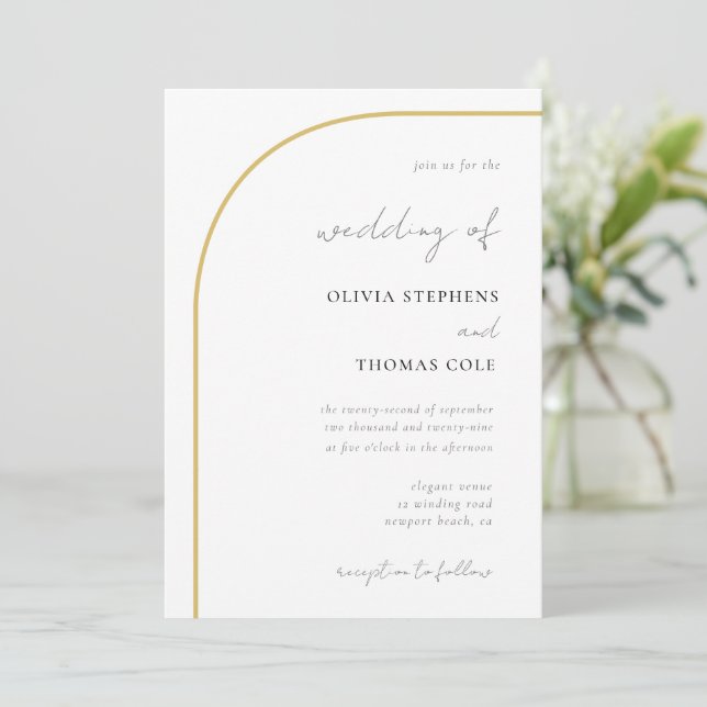 Invitación Boda de caligrafía de oro blanco negro de arco mod (Anverso de pie)
