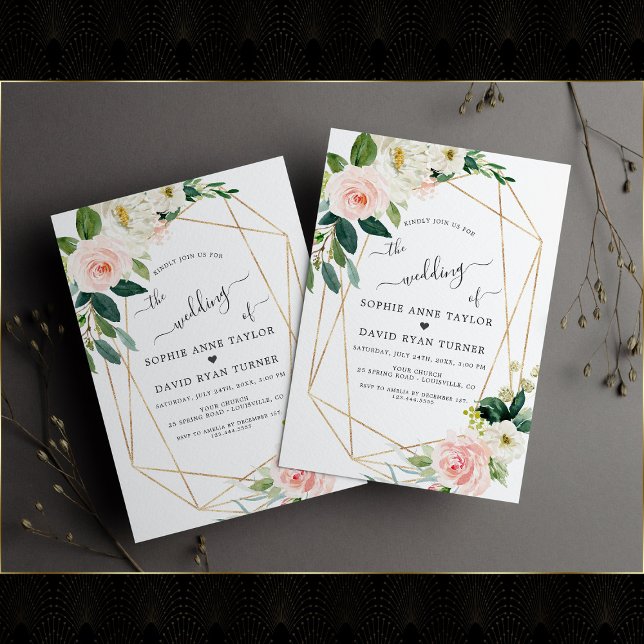 Invitación Boda de caligrafía de oro de flores de crema de Ru (Subido por el creador)