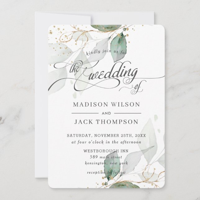 Invitación Boda de caligrafía de oro de la vegetación rústica (Anverso)