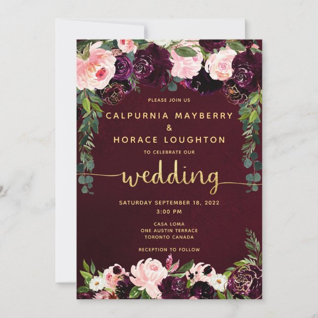 Invitación Boda de caligrafía de oro de Rubor Burgundy Parade (Anverso)