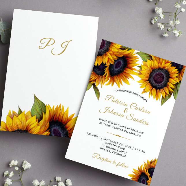 Invitación Boda de caligrafía de oro elegante para girasoles  (Subido por el creador)