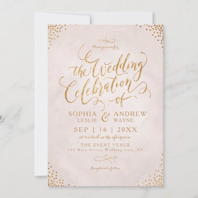 Invitación Boda de caligrafía de oro rosa purpurina de brillo (Anverso)
