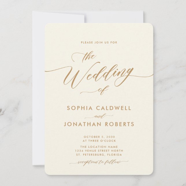 Invitación Boda de caligrafía de oro y crema todo en uno (Anverso)