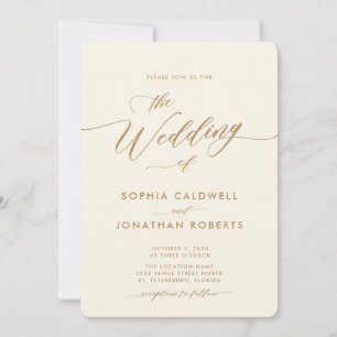 Invitación Boda de caligrafía de oro y crema todo en uno
