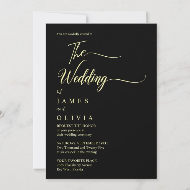 Invitación Boda de caligrafía de oro y negro de lujo (Anverso)