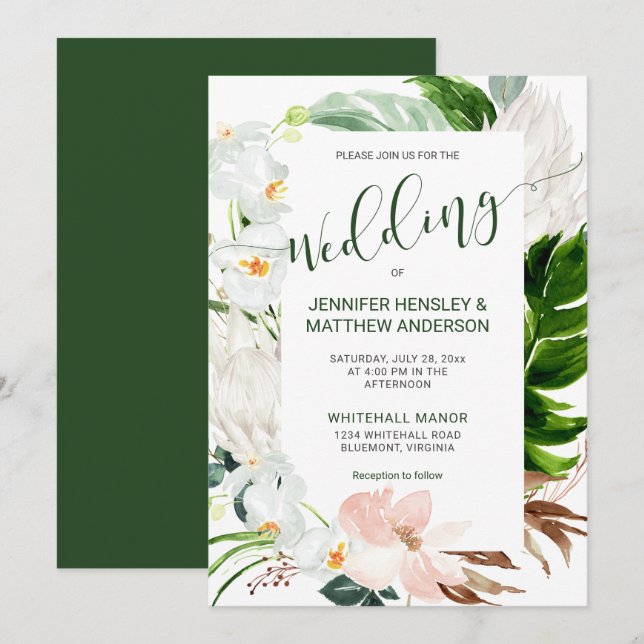 Invitación Boda de caligrafía de paraíso tropical (Anverso / Reverso)
