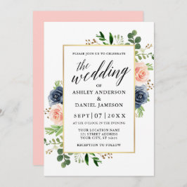 Invitación Boda de caligrafía de rosas rosadas azul turbias