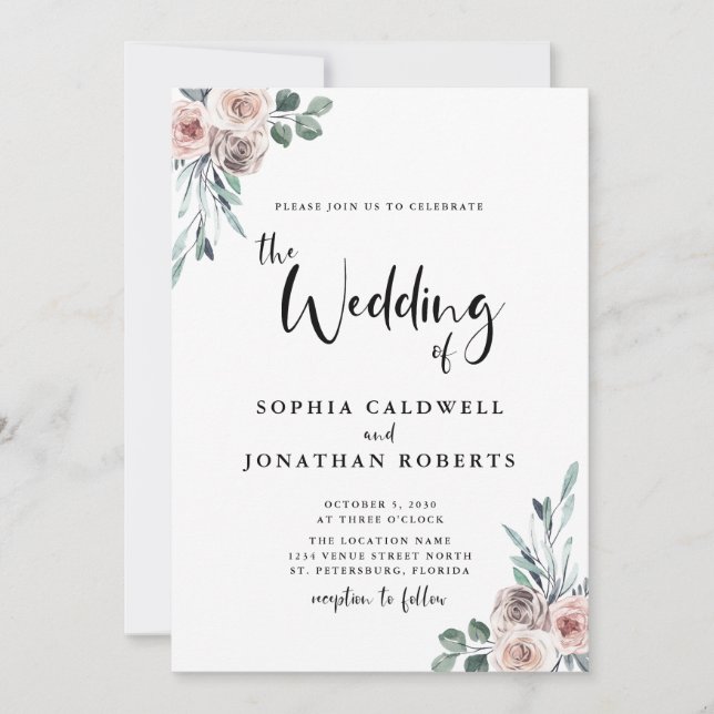 Invitación Boda de caligrafía de rosas rosadas polvorientas (Anverso)
