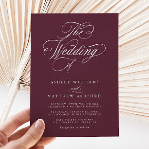 Invitación Boda de caligrafía de Swirly Romantic de Borgoña