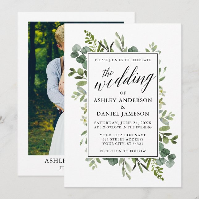 Invitación Boda de caligrafía de vegetación acuarela (Anverso / Reverso)