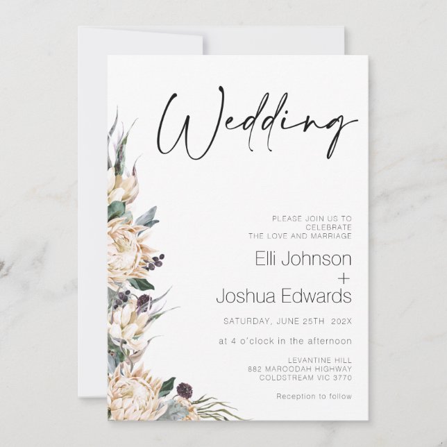 Invitación Boda de caligrafía del Boda Protea Blanca (Anverso)