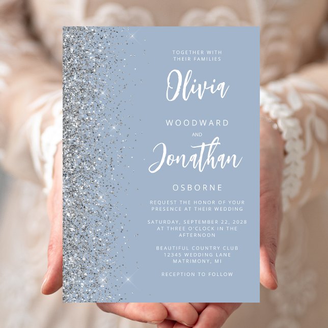 Invitación Boda de caligrafía del Purpurina Dusty Blue Silver (Subido por el creador)