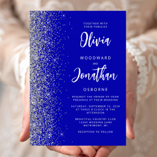Invitación Boda de caligrafía del Purpurina Royal Blue Silver