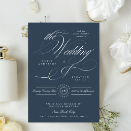 Invitación Boda de Caligrafía Elegante Azul Marino con Clase