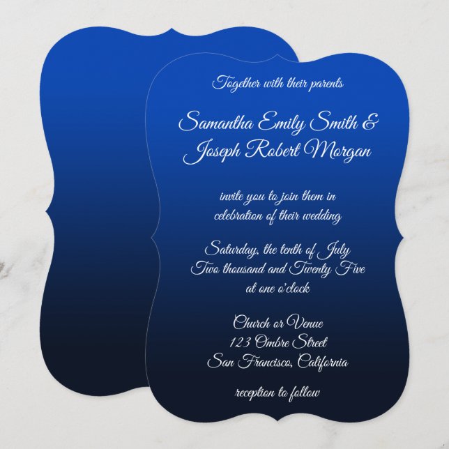 Invitación Boda de caligrafía elegante de la Marina Azul (Anverso / Reverso)