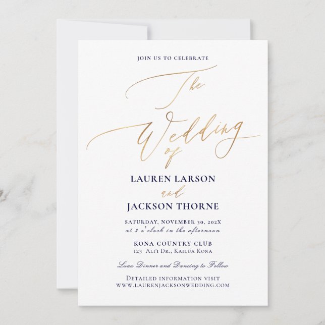 Invitación Boda de caligrafía elegante de oro falso de ArtsAp (Anverso)