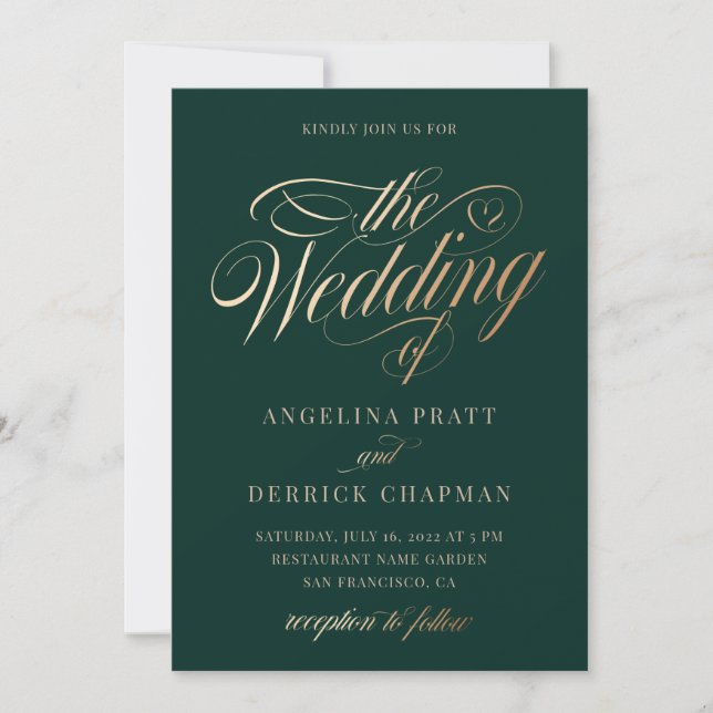 Invitación Boda de caligrafía elegante de oro verde esmeralda (Anverso)