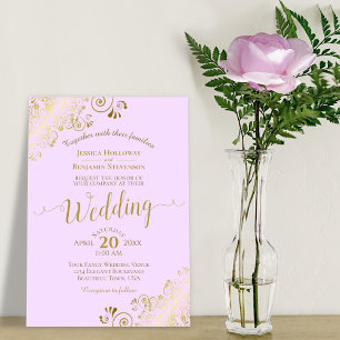 Invitación Boda de caligrafía elegante dorada Lilac Purple
