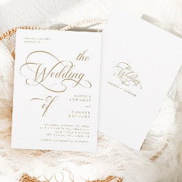 Invitación Boda de caligrafía elegante dorada y blanca
