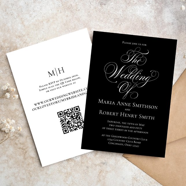 Invitación Boda de caligrafía elegante en blanco y negro (Elegant Black and White wedding invitation with stylish calligraphy script. )