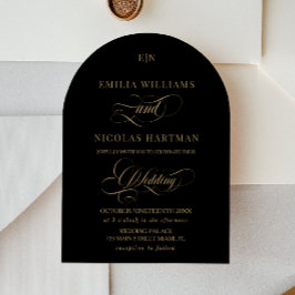 Invitación Boda de Caligrafía Elegante Monograma Negro Oro