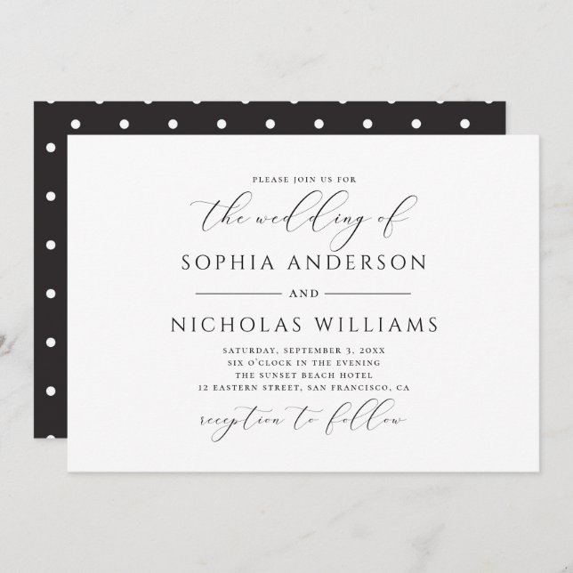 Invitación Boda de caligrafía en blanco y negro. Lunares (Anverso / Reverso)