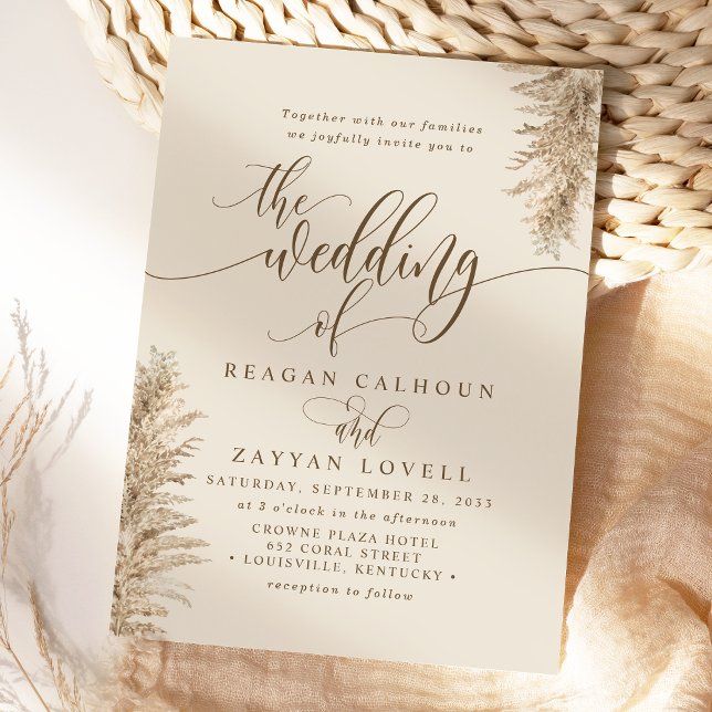 Invitación Boda de caligrafía exótica de Pampas Grass Earthy (Subido por el creador)