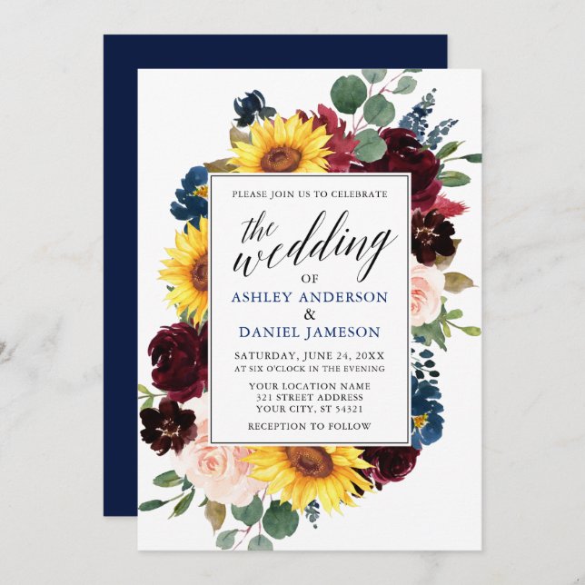 Invitación Boda de caligrafía floral acuarela azul (Anverso / Reverso)