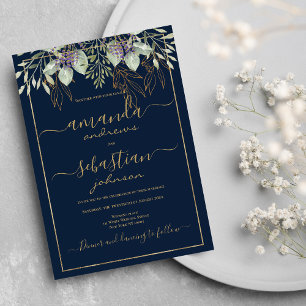 Invitación Boda de caligrafía floral azul marino de oro
