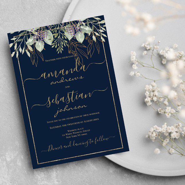 Invitación Boda de caligrafía floral azul marino de oro (Gold navy blue foliage floral calligraphy wedding)