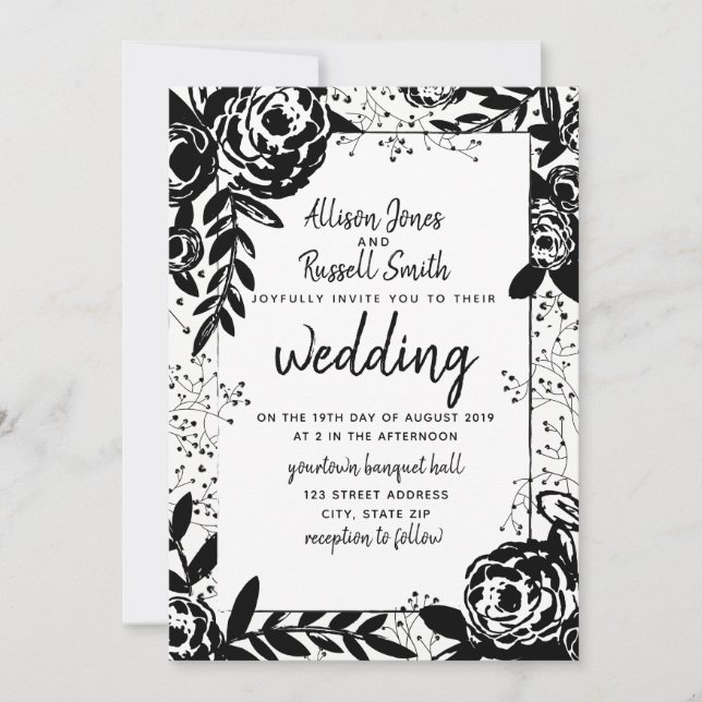 Invitación Boda de caligrafía floral blanca y negra (Anverso)