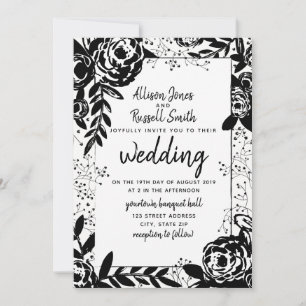 Invitación Boda de caligrafía floral blanca y negra