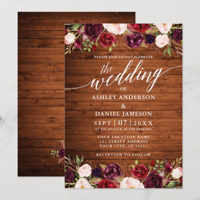 Invitación Boda de caligrafía floral de borgoña de madera rús (Anverso / Reverso)