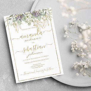 Invitación Boda de caligrafía floral del follaje de oro blanc