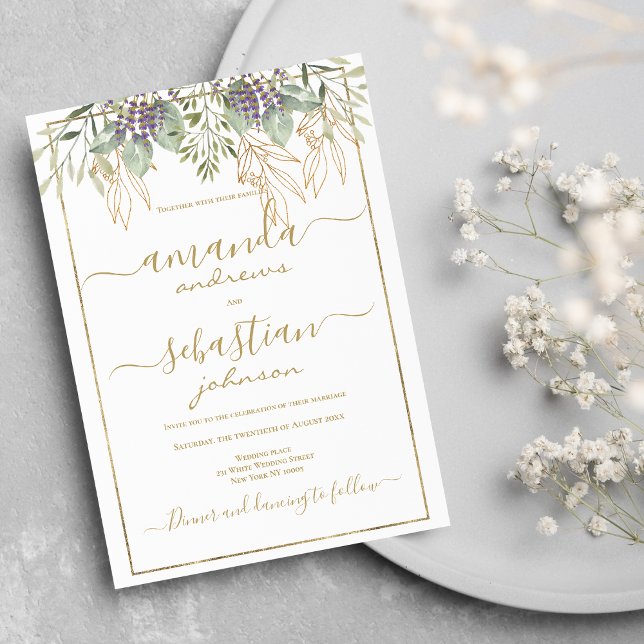 Invitación Boda de caligrafía floral del follaje de oro blanc (White gold foliage floral calligraphy wedding )
