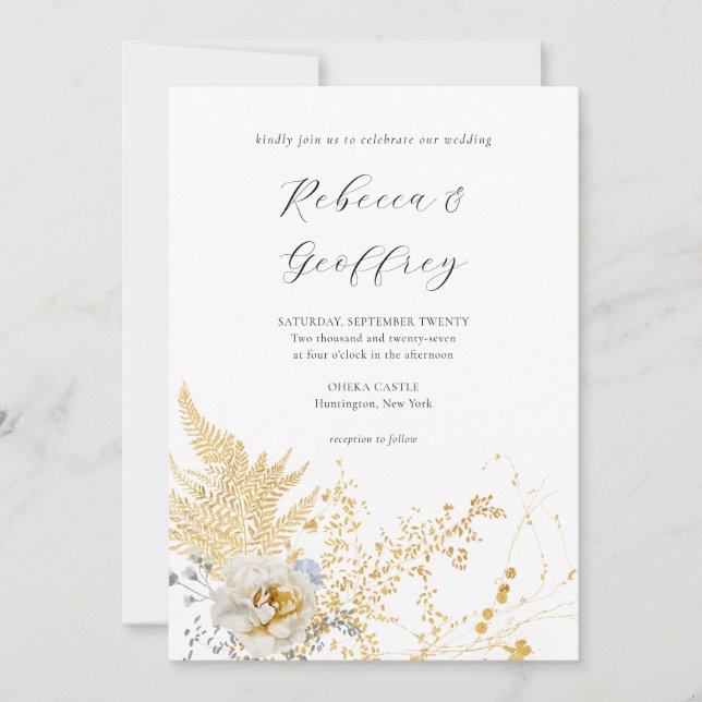 Invitación Boda de caligrafía floral dorada romántica (Anverso)