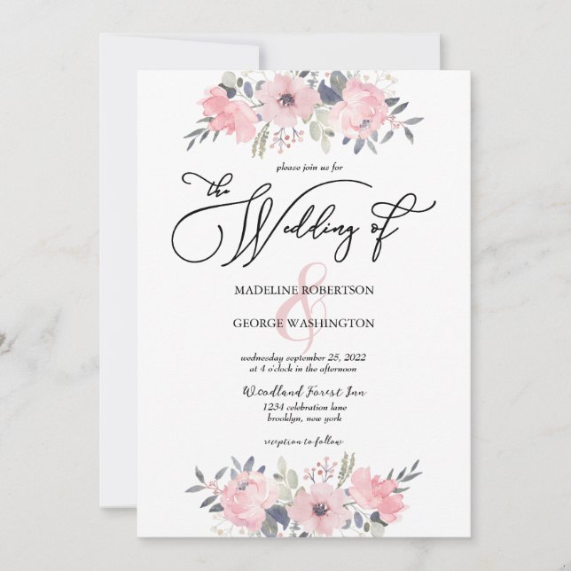 Invitación Boda de caligrafía floral rosa de Rubor (Anverso)