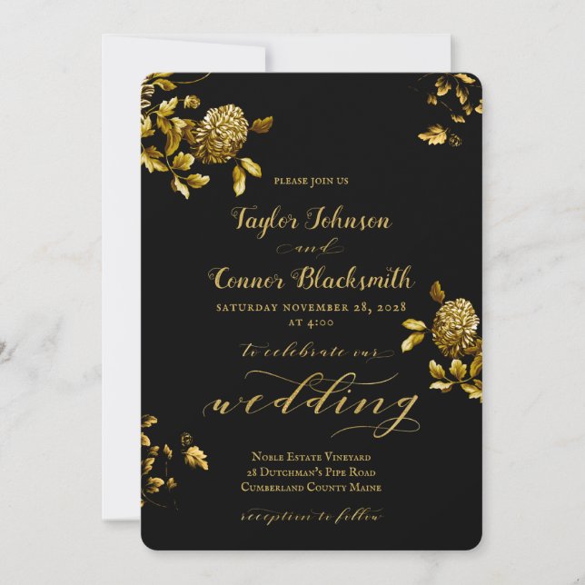 Invitación Boda de caligrafía floral Rustic Black Gold (Anverso)