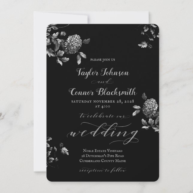 Invitación Boda de caligrafía floral Rustic Black Silver (Anverso)