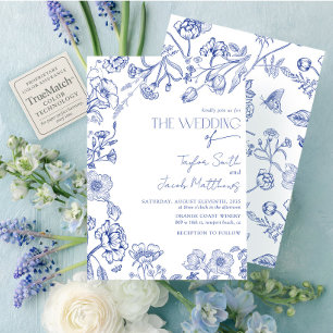 Invitación Boda de Caligrafía Floral Vintage Azul y Blanco