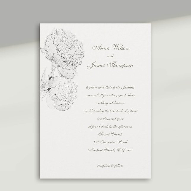 Invitación Boda de caligrafía formal con tinta marfil blanco  (peony wedding invitation large blooms ink sketch ivory white formal calligraphy modern classic)