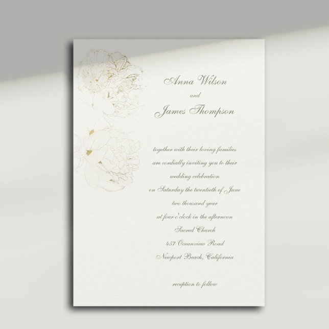 Invitación Boda de caligrafía formal de Peonies Gold Sketch (gold peonies wedding invitation formal traditional calligraphy casual modern classic)