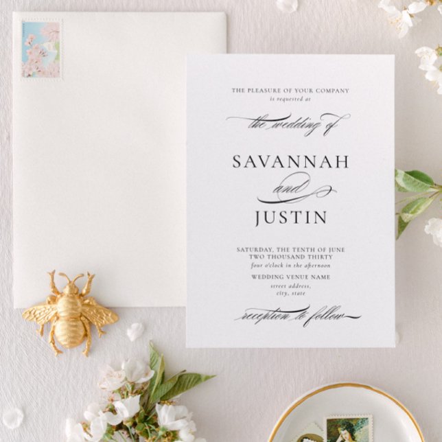 Invitación Boda de caligrafía formal en blanco y negro (Designed for weddings the couple are hosting themselves)