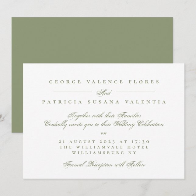 Invitación Boda de Caligrafía Formal Verde Musgo (Anverso / Reverso)