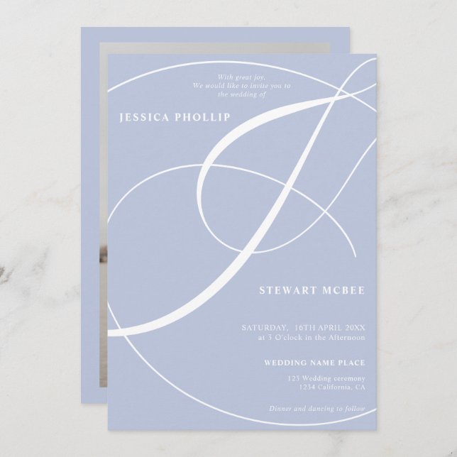 Invitación Boda de caligrafía fotográfica azul del guión (Anverso / Reverso)